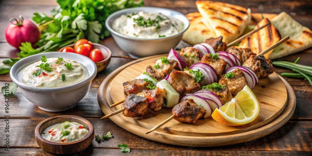 Savory skewers of marinated lamb and chicken souvlaki, alongside crispy pita bread and a side of tangy tzatziki sauce, evoke the essence of Greek cuisine. Savory skewers of marinated lamb and chicken souvlaki, alongside crispy pita bread and a side of tangy tzatziki sauce, evoke the essence of Greek cuisine.