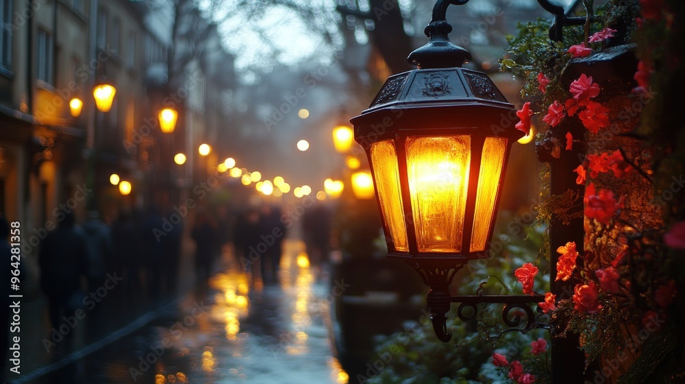 A warm glow from a street lamp illuminates a rainy cobblestone street in a European city. A warm glow from a street lamp illuminates a rainy cobblestone street in a European city.