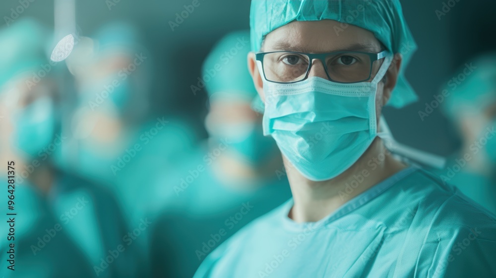 Surgeon with medical team in operating room wearing surgical masks and scrubs Surgeon with medical team in operating room wearing surgical masks and scrubs