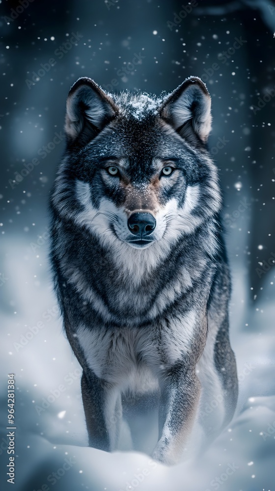 Fierce and Vigilant Grey Wolf Poised in Snow Dusted Wilderness Landscape Fierce and Vigilant Grey Wolf Poised in Snow Dusted Wilderness Landscape