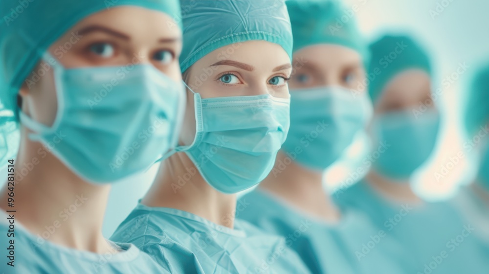 Medical team of surgeons in operating room wearing protective masks and gowns Medical team of surgeons in operating room wearing protective masks and gowns