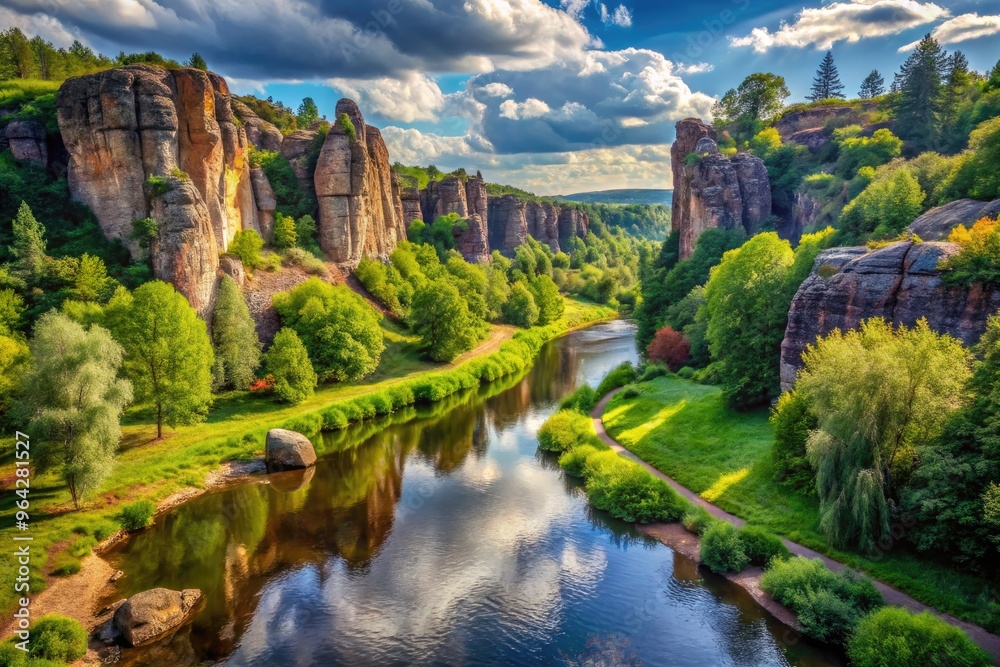 Scenic River Bend In Park Landscape With Dramatic Rock Formations And Lush Vegetation Adorning The Banks Scenic River Bend In Park Landscape With Dramatic Rock Formations And Lush Vegetation Adorning The Banks