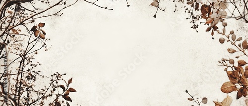 A blank background framed by a delicate arrangement of branches and foliage