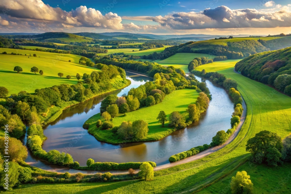 Scenic View Of The Meandering River Kent Flowing Through A Lush Green Landscape With Trees And Rolling Hills In The Distance Scenic View Of The Meandering River Kent Flowing Through A Lush Green Landscape With Trees And Rolling Hills In The Distance