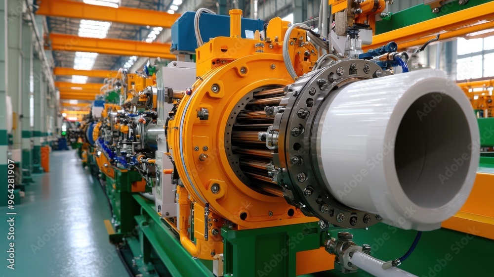A factory with a large yellow pipe in the middle A factory with a large yellow pipe in the middle