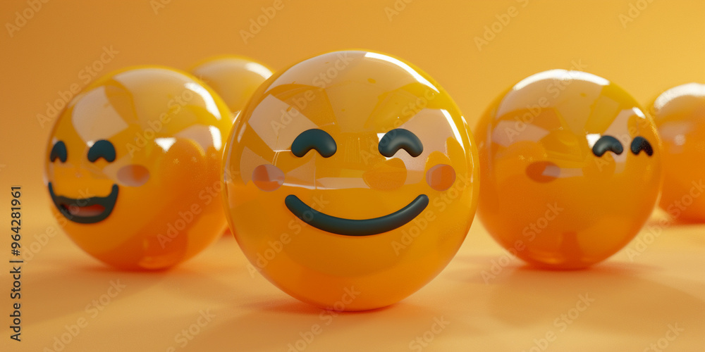 Collection of Happy Emojis with Glossy Reflective Surface Collection of Happy Emojis with Glossy Reflective Surface