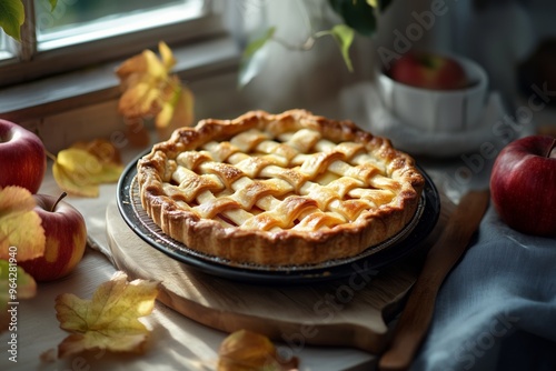 Homemade apple pie on a wooden tray with fresh apples and autumn leaves, on a dark background with drapery. Still life. Natural beautiful light from the window. Free space for text