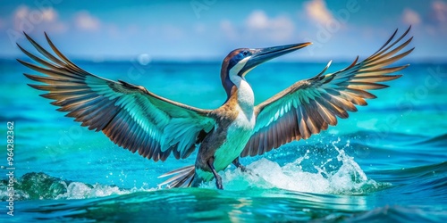 A majestic, sleek-necked bird plunges headfirst into the ocean's turquoise depths, feathers ruffled, wings tucked in, and eyes scanning the seafloor for fish.
