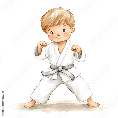 cute kid playing karate watercolor clipart