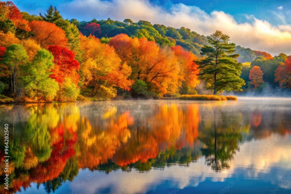 Serene autumn morning at Wildwood State Park, Wading River, with misty fog rolling over tranquil lake waters, surrounding trees ablaze with vibrant fall colors. Serene autumn morning at Wildwood State Park, Wading River, with misty fog rolling over tranquil lake waters, surrounding trees ablaze with vibrant fall colors.