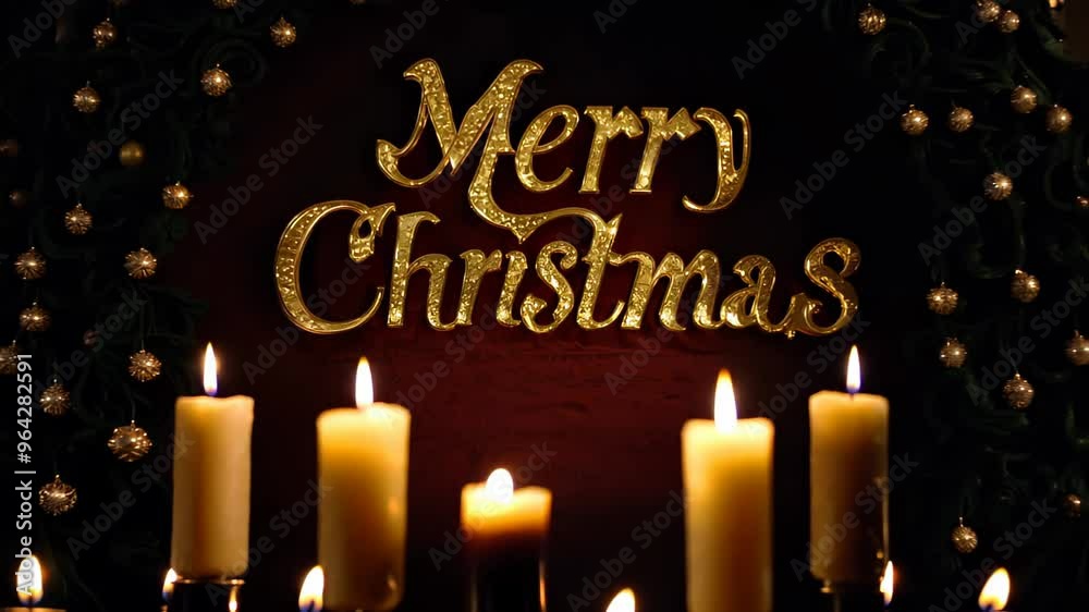Animated gold Merry Christmas greeting text with golden candles creating a festive mood, Suitable for Christmas and New Year video cards and banners, poster Animated gold Merry Christmas greeting text with golden candles creating a festive mood, Suitable for Christmas and New Year video cards and banners, poster