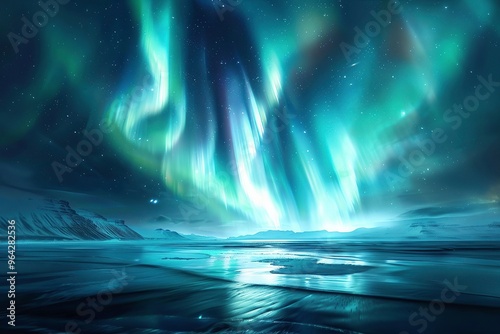 Beautiful northern lights over the ocean, with glowing blue and green ribbons