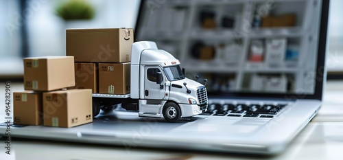 Toy semi truck on a laptop keyboard, with cardboard boxes, representing online shopping and delivery. The concept of e commerce and shipping.