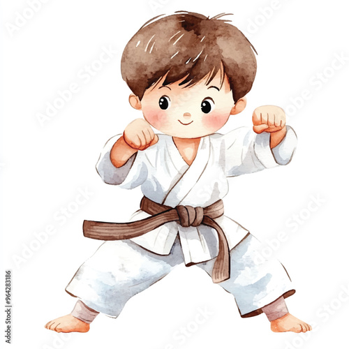 cute kid playing karate watercolor clipart