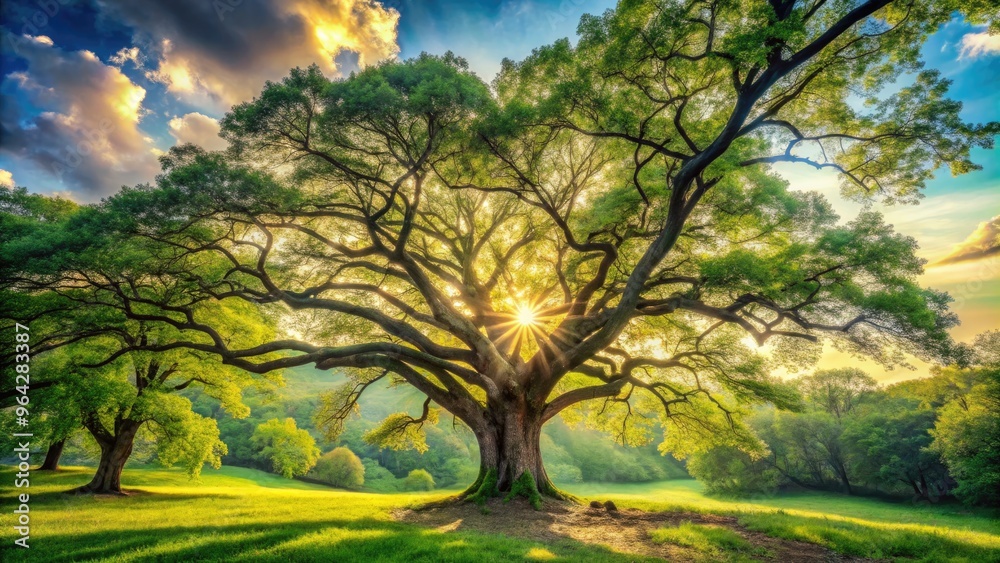 Serene forest scenery featuring a majestic tree with sprawling branches and verdant foliage set against a warm, sunny backdrop with soft, creamy clouds.