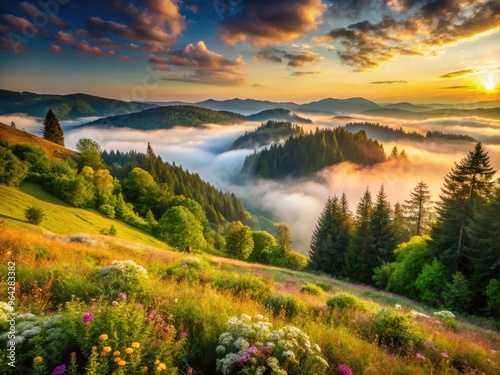 Serene forest scenery with misty fog rolling over rolling hills, surrounded by lush green trees and vibrant wildflowers under a warm sunny sky. photo