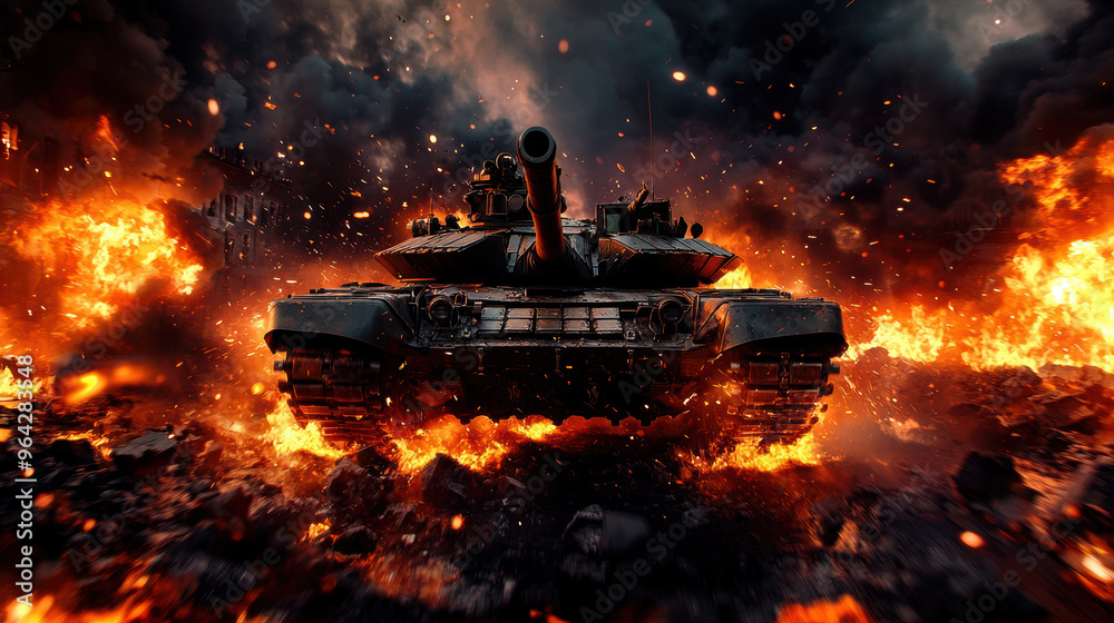 Tank crushing rubble under its treads, smoke-filled battlefield, explosions lighting up the background, turret fixed ahead, low-angle shot Tank crushing rubble under its treads, smoke-filled battlefield, explosions lighting up the background, turret fixed ahead, low-angle shot
