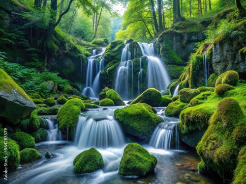 Serene high-definition footage of a tranquil forest waterfall cascading down moss-covered rocks, surrounded by lush greenery, perfect for relaxation and calming ambiance.