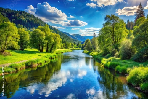 Serene landscape featuring a calm, slow-moving river flowing gently through a lush green valley surrounded by towering trees under a clear blue sky.