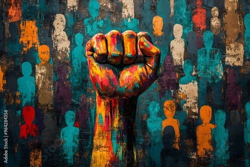 The artwork features a boldly painted fist rising in solidarity, contrasting against a background filled with diverse colorful silhouettes, symbolizing collective strength and empowerment. photo