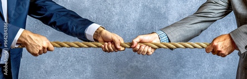 Two businessmen pulling on a rope in a tug of war competition. This image could symbolize business competition, rivalry, or conflict.