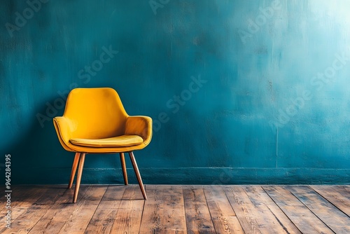 Bright yellow chair against a textured blue wall in a minimalist interior setting. Generative AI