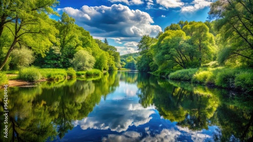 Serenely winding river flows gently through lush green forest, its calm surface mirroring the surrounding trees and blue sky with subtle ripples and reflections.