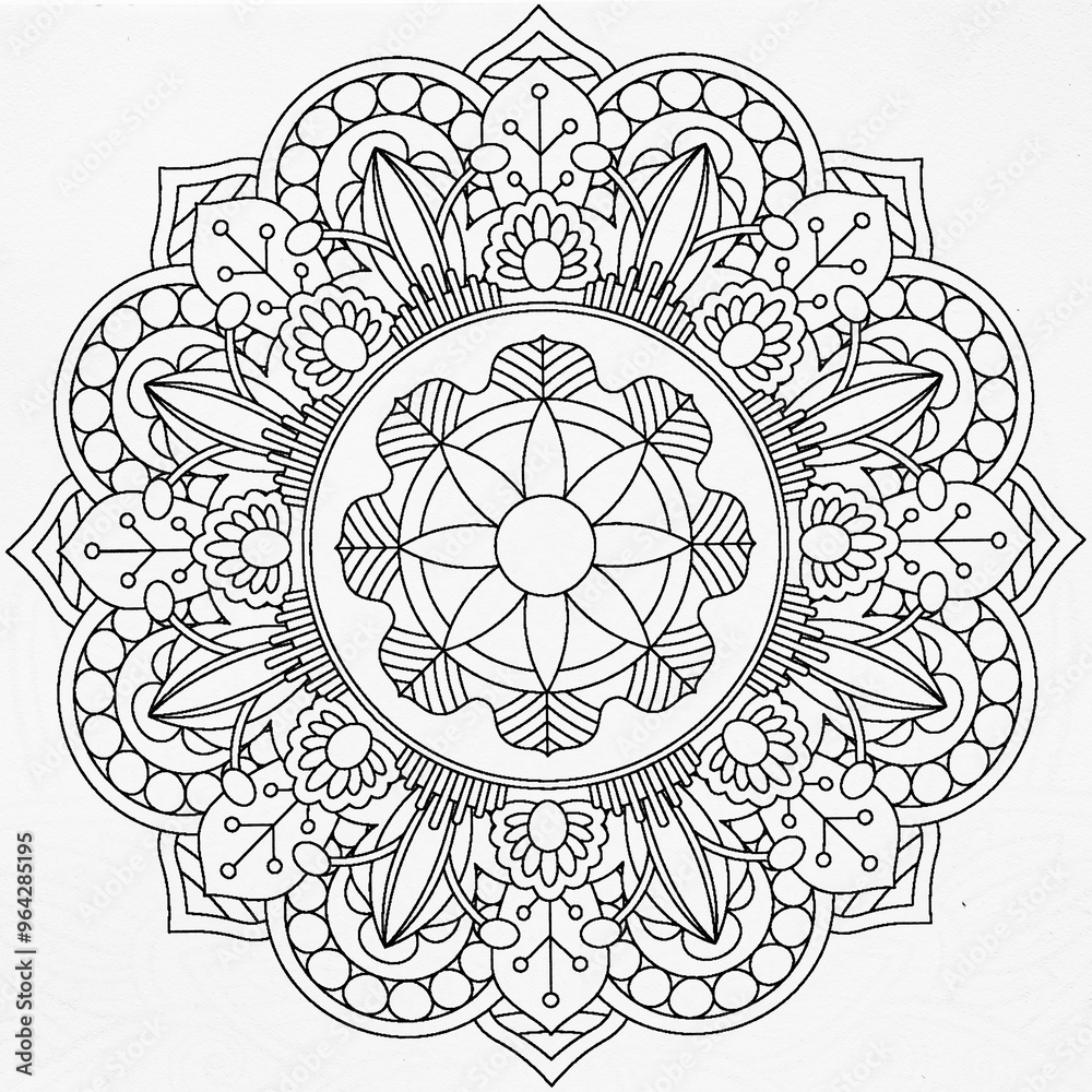 Arrière plan noir et blanc avec motif graphique mandala pour colorier