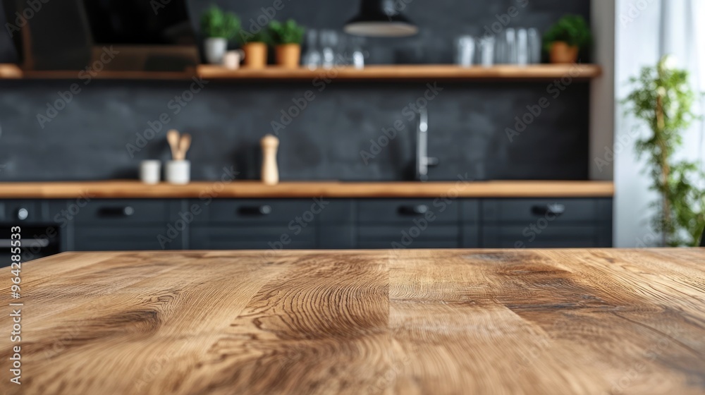 Wooden Tabletop with Blurred Kitchen Background Wooden Tabletop with Blurred Kitchen Background