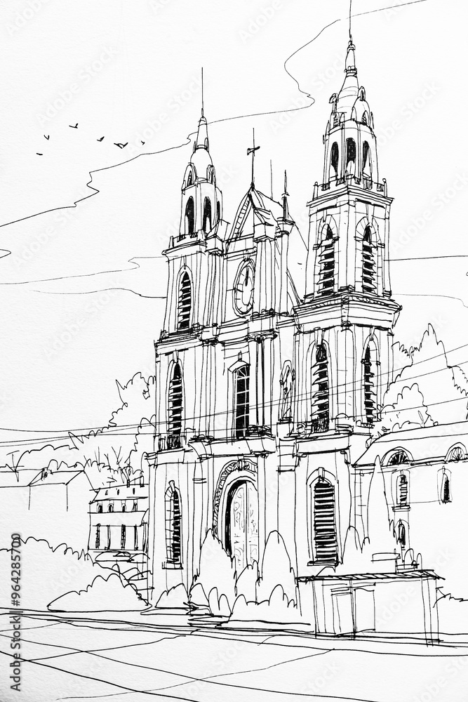 Fototapeta premium Dessin urbain bâtiment et infrastructure en noir et blanc - Arrière plan coloriage architecture