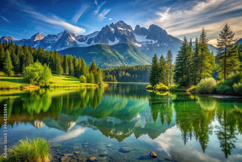 Serene Nature Landscape With Vibrant Greenery, Majestic Mountains, And A Tranquil Lake Under A Clear Sky. Serene Nature Landscape With Vibrant Greenery, Majestic Mountains, And A Tranquil Lake Under A Clear Sky.