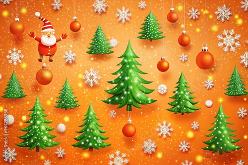 Snowflakes gently falling on a cheerful orange background with festive green trees, bright red ornaments, and a joyful Santa Claus or reindeer motif.