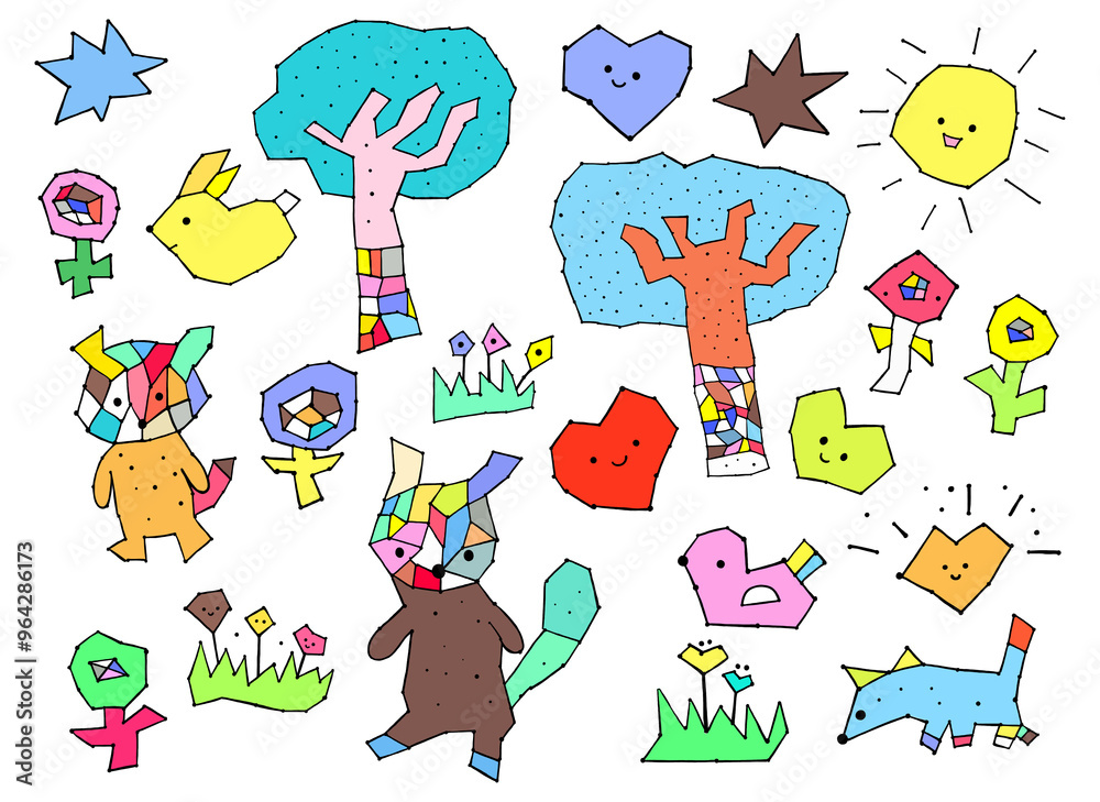 Fototapeta premium coloring page for kids. Fox , rabbit , tree , plant , hearts , floral , sun , dog , glass and star . Transparent background.