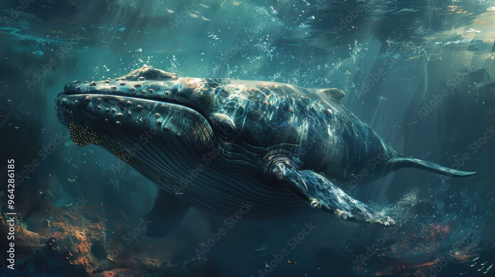 Fototapeta premium A majestic whale swims gracefully through the serene ocean depths, showcasing its powerful form and elegance in a vibrant underwater ecosystem.