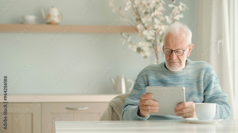 Elderly man in cozy kitchen reading on tablet, drinking coffee, relaxing in modern comfortable home Elderly man in cozy kitchen reading on tablet, drinking coffee, relaxing in modern comfortable home