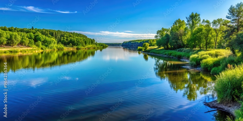 Serene Riverbank In Saskatchewan, Canada, Features Calm Waters, Lush Greenery, And Distant Trees, Framed By A Clear Blue Sky Serene Riverbank In Saskatchewan, Canada, Features Calm Waters, Lush Greenery, And Distant Trees, Framed By A Clear Blue Sky
