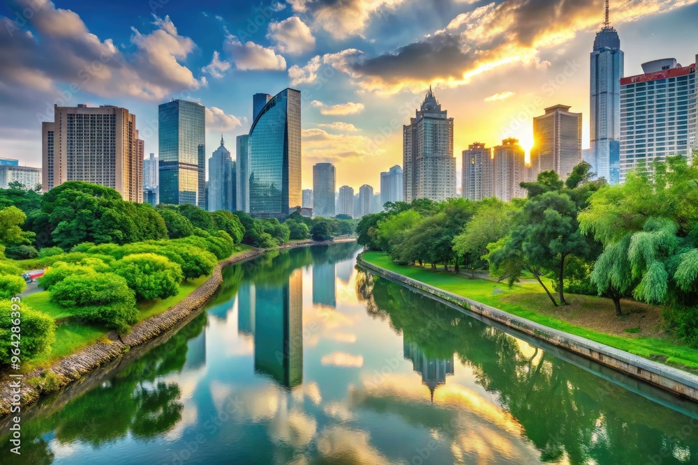 Fototapeta premium Serene River Flowing Among Lush Greenery And Towering Skyscrapers, Reflecting The Bustling City Above