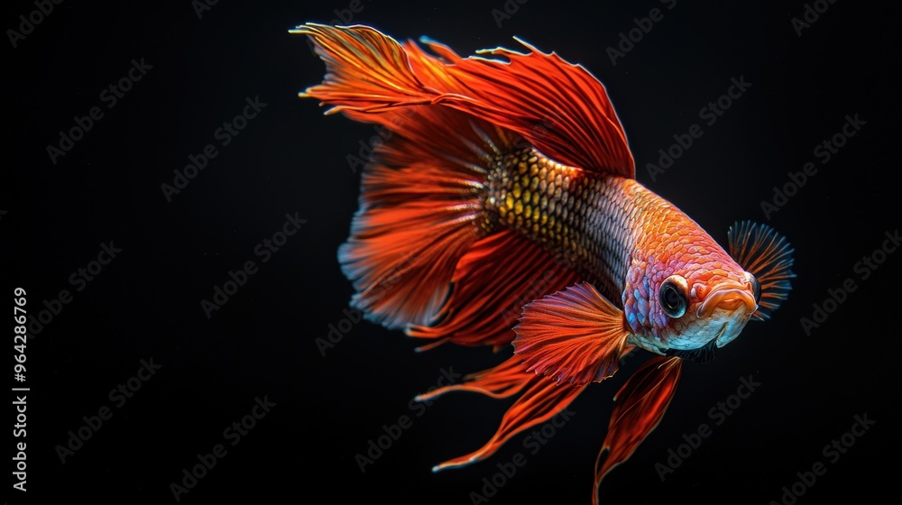 Intricate modern painting depicting graceful scarlet and golden betta fish with luxurious gilded accents against a bold black backdrop, superior quality wall decor. Realistic photograph, Intricate modern painting depicting graceful scarlet and golden betta fish with luxurious gilded accents against a bold black backdrop, superior quality wall decor. Realistic photograph,