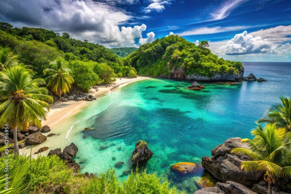 Serene tropical cove with turquoise waters, powdery white sand, and lush green jungle surroundings, surrounded by rugged volcanic rock formations under a sunny blue sky. Serene tropical cove with turquoise waters, powdery white sand, and lush green jungle surroundings, surrounded by rugged volcanic rock formations under a sunny blue sky.