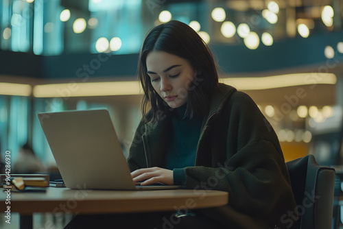 Young beautiful woman working laptop a modern workspace