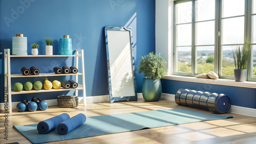 Home gym setup with fitness equipment: yoga mat, dumbbells, resistance bands, and a water bottle. Include a wall mirror and motivational posters. Highlight a dedicated space for exercise