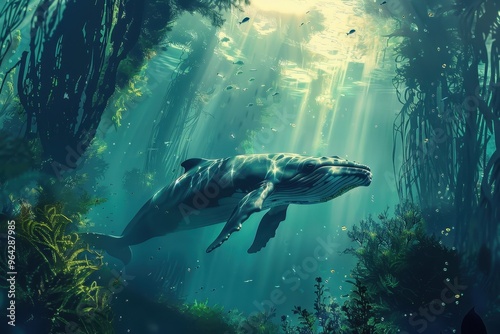 A serene underwater scene featuring a majestic whale gliding through sunlit waters, surrounded by lush marine vegetation.