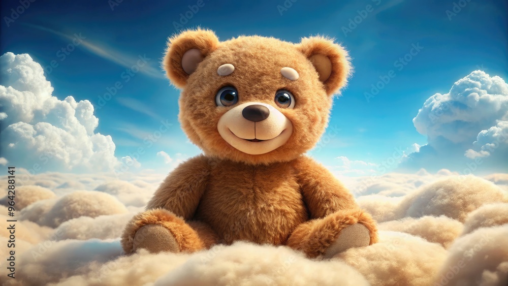 Smiling Animated Teddy Bear With Soft Brown Fur And Big Adorable Eyes Sits On A Bed Of Fluffy Clouds. Smiling Animated Teddy Bear With Soft Brown Fur And Big Adorable Eyes Sits On A Bed Of Fluffy Clouds.
