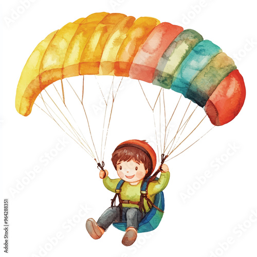 cute kid playing Paragliding watercolor clipart