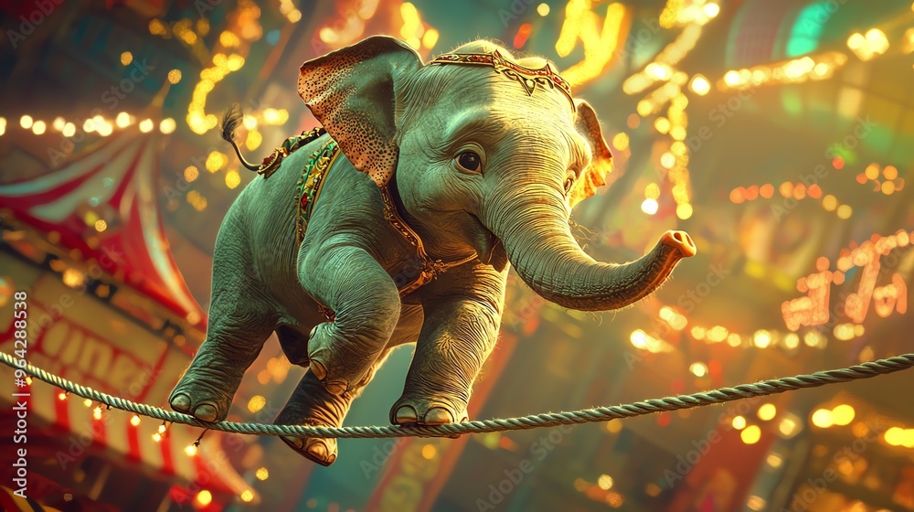 Fototapeta premium Adorable baby elephant balancing on a tightrope with a colorful circus backdrop, showcasing its playful and adventurous spirit.