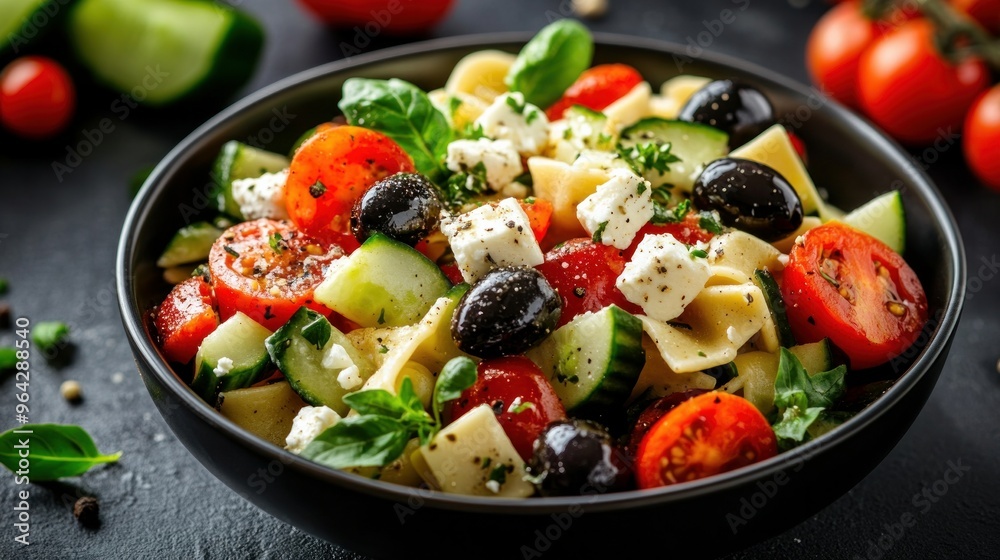 pasta salad topped with cucumber, feta cheese, tomato, and black olives. healthful food.
pasta salad topped with cucumber, feta cheese, tomato, and black olives. healthful food.