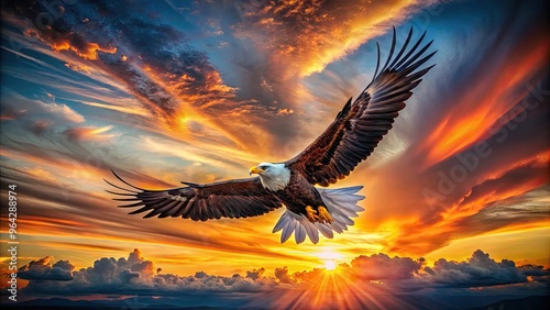 Soaring Eagle With Outstretched Wings Against A Vibrant Sunset, Symbolizing Liberation And The Boundless Spirit Of Exploration. photo