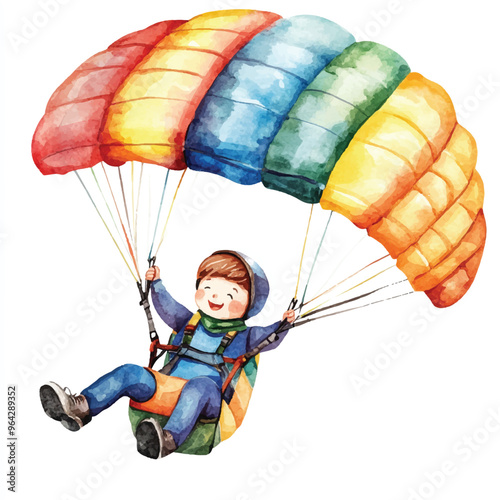 cute kid playing Paragliding watercolor clipart