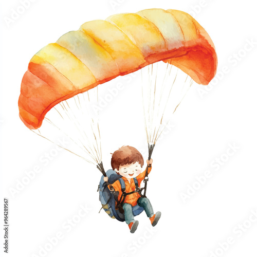 cute kid playing Paragliding watercolor clipart