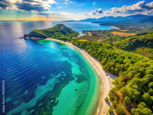 Spectacular Aerial Landscape Of A Serene Beach With Crystal-Clear Turquoise Waters And Golden Sands Backed By Lush Greenery, Capturing The Breathtaking Beauty Of Greece'S Olympic Coast.